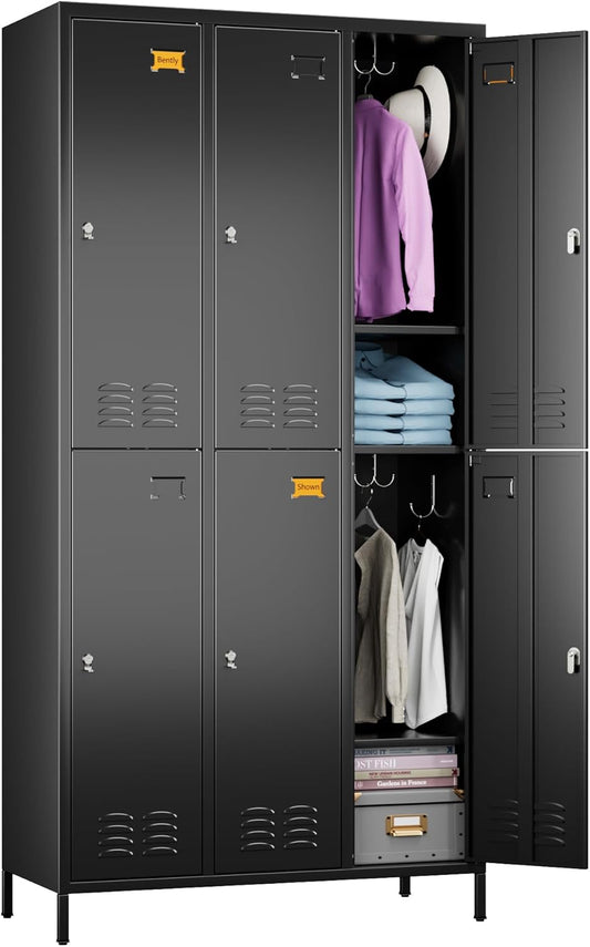 6 Doors Metal Lockers for Employees with 6 Shelves and 18 Hooks, Storage Locker with Business Card Holder for Office Gym School Bedroom, Assembly Required, Black