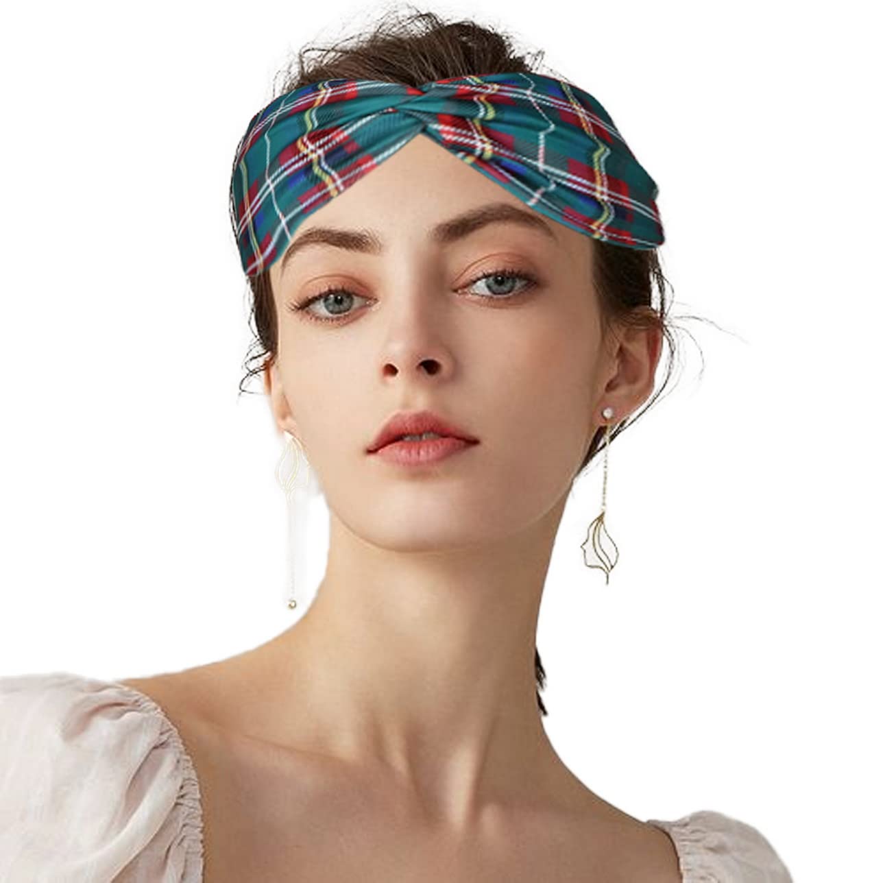 Woration Headbands for Women, Plaid Hairband Girls Hand Band Sports Yoga Headscarves Twisted Knotted Headwrap Elastic Headwear D