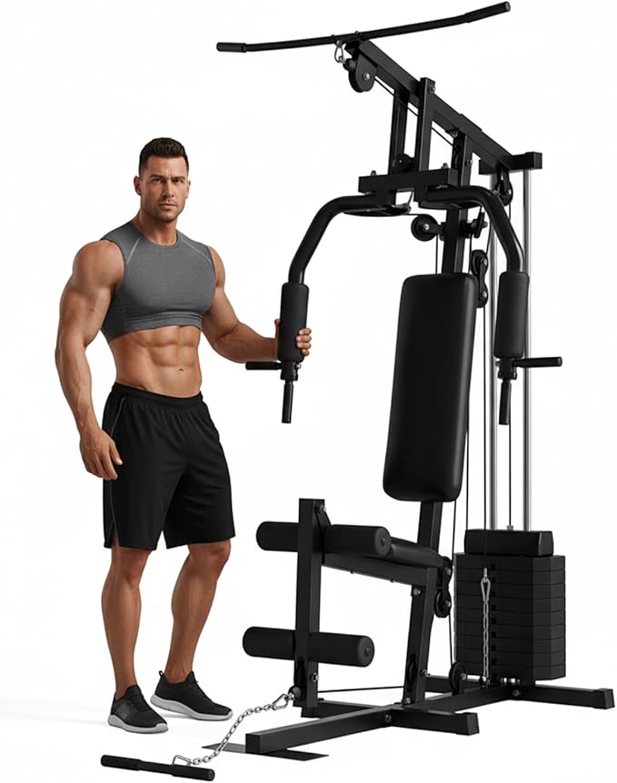 Home Gym Machine with 100LB Weight Stack, Multifunctional Full Body Workout Station for LAT Pulldown, Chest Press, Leg Ext...