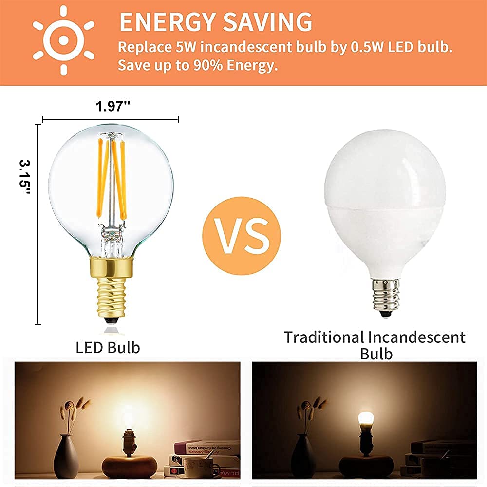 Xininsun Dimmable G16.5 Light Bulb, E12 40W Vintage Led Filament, Soft White 3000K, Glass, 6-Pack