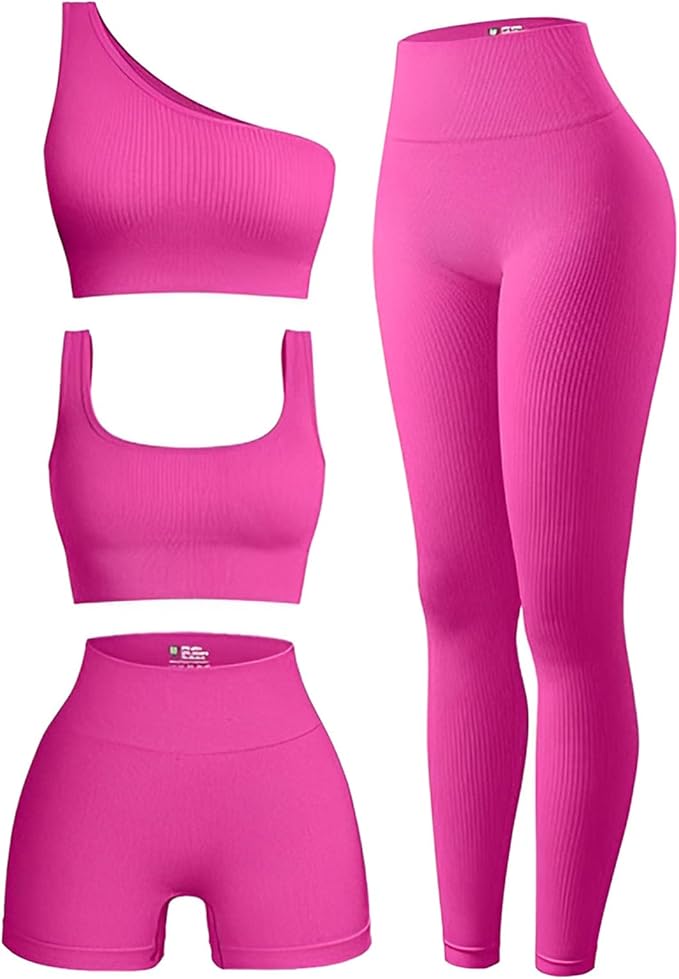 OIERD 4 Piece Workout Sets For Women Ribbed Leggings Clothes Yoga Sets Active Wear Matching Work Out Sets Gym Pilates Outfits
