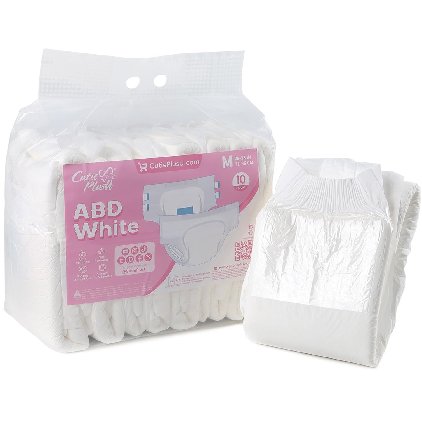 CutiePlusU Disposable Adult Diaper Heavy Absorption Dry Surface Adult Diapers All Night- White 10 Pieces (Medium 28"-38")