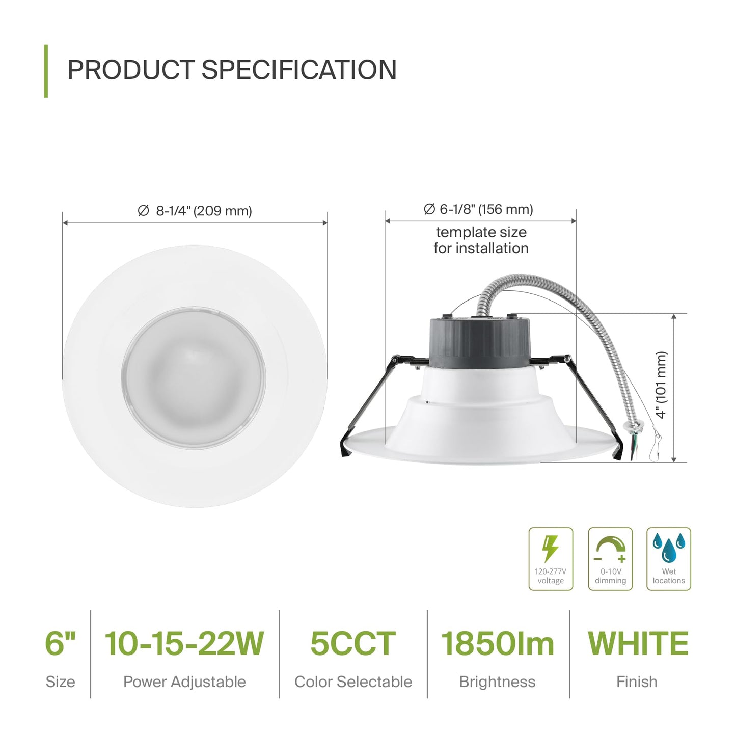 Asd 6 Inch Commercial Canless Led Downlight  Power Adjustable 10/15/22W Lighting  Round Dimmable Recessed Ceiling Light Fixture  5 Color Temperatures 2700K-5000K  120-277V Ic Rated Ul & Energy Star
