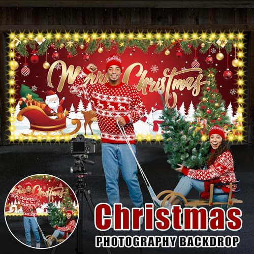 YLOLUL Led Christmas Garage Door Cover 6 x 13 ft Large Hanging Backdrop Door Banner with Light Merry Christmas Garage Wall...
