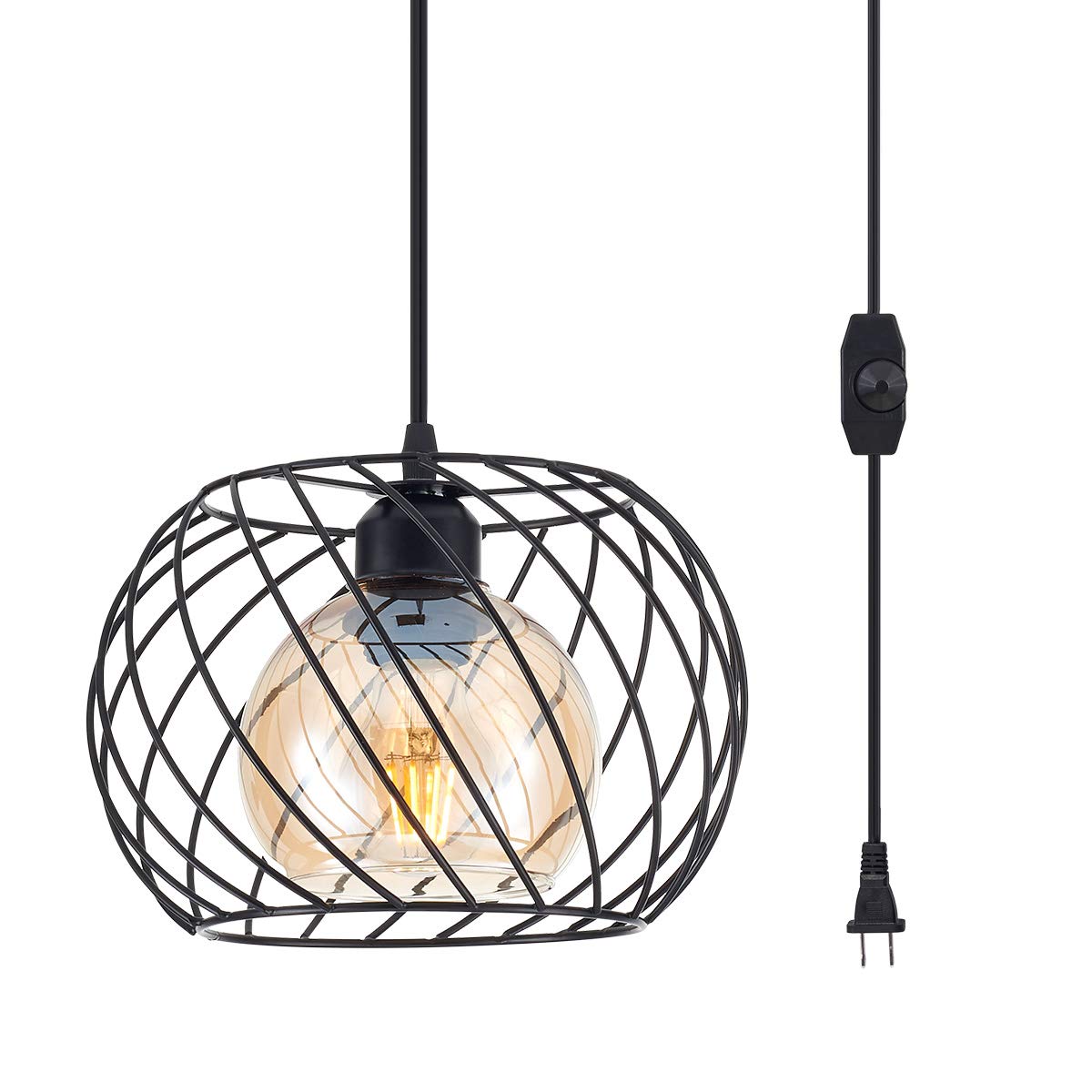 YLONG-ZS Pendant Light with Dimmer Switch, Amber Glass Shade, 16ft Cord, Black Finish, Model YL17B
