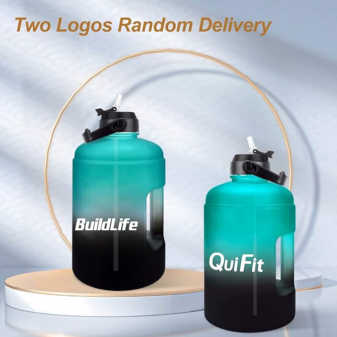 QuiFit Half Gallon Water Bottle - with Straw & Motivational Time Marker Leak-Proof BPA Free Reusable Gym Sports Outdoor Large(73OZ) Capacity Water Jug(Green/Black Gradient,Half Gallon)