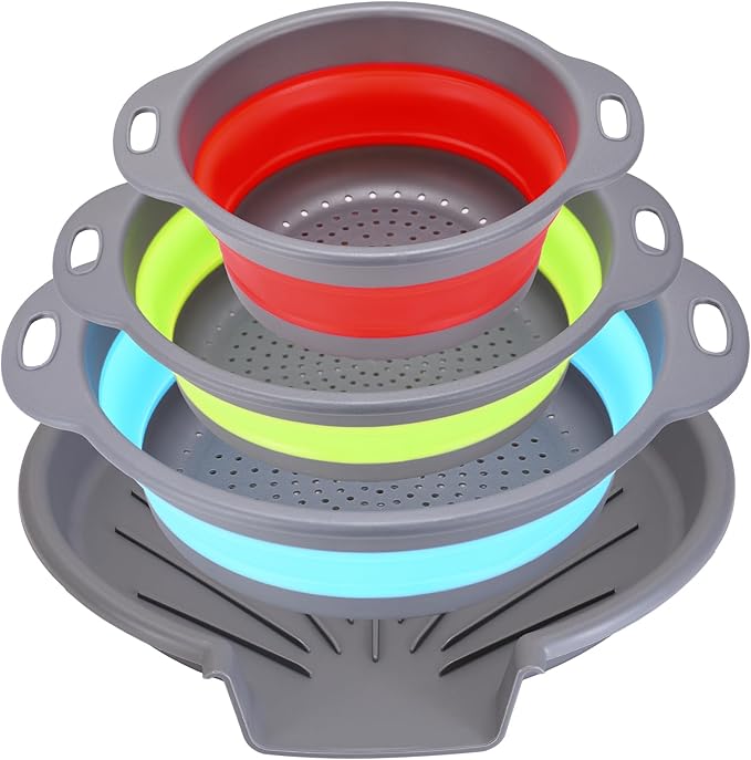 Collapsible Colander Set with Universal Draining Tray | 3-Pack Foldable Kitchen Strainers + Base | Space Saving for Pasta, Veggies, Fruit & Rice | 5 Colors (Gray-Blue-Red-Green)