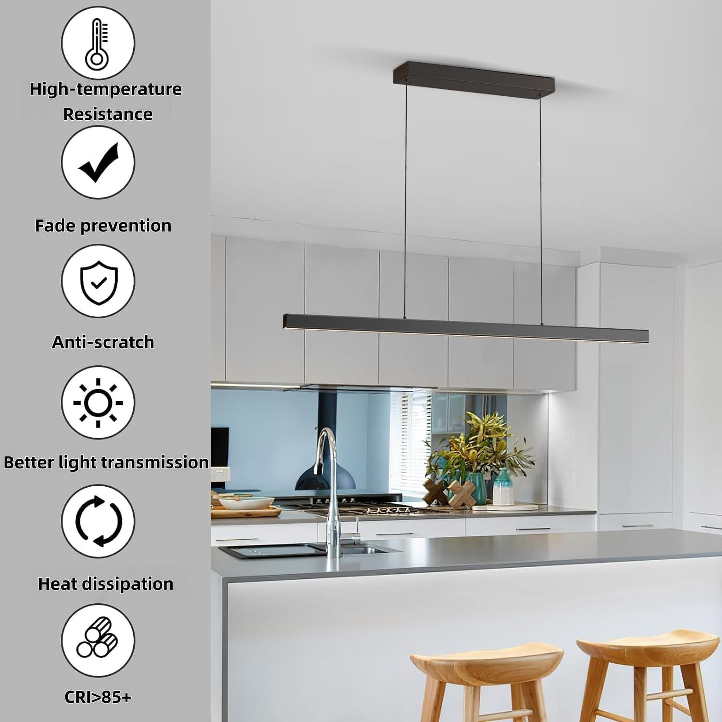 Zihoi Modern Ceiling Pendant Light 57In Led Black Linear Ceiling Chandelier Light Dining Room Living Room Warm & Cool  Neutral Light Aluminum Island Lighting Hanging Pendant Light For Kitchen