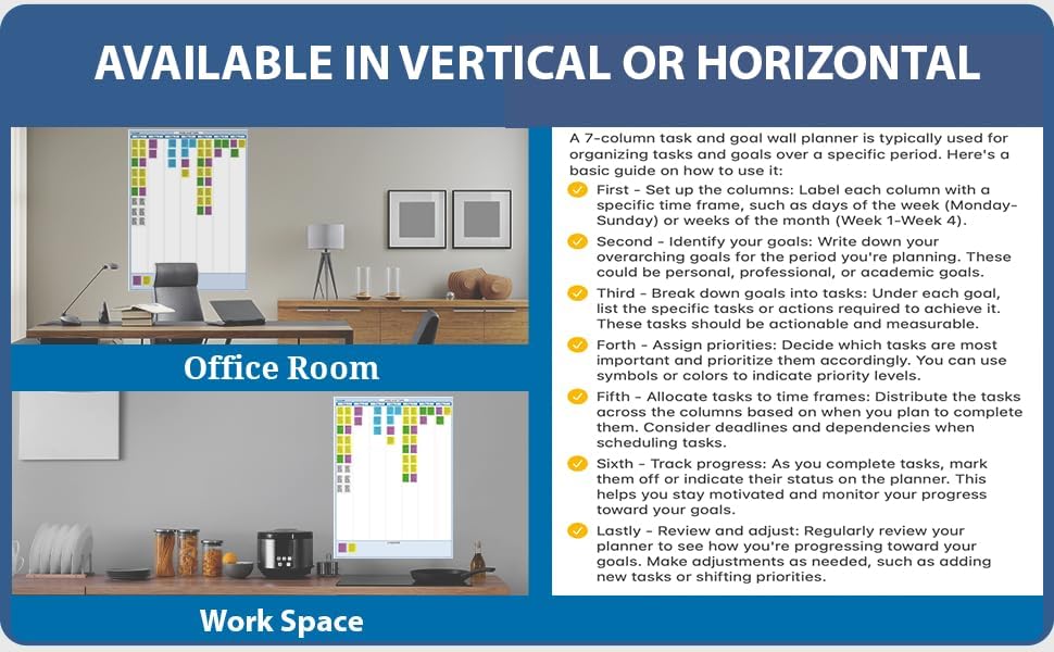 Sky Blue 7-Column Task, Goals & Objective Wall Vertical Organizer 48" x 32". Complete with Marker