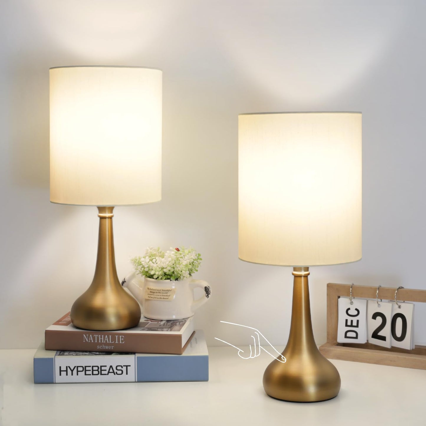 Boncoo Set of 2 Touch Table Lamps, 3-Way Dimmable, Brass Metal Base, A19 3000K LED Bulb Included, Nightstand Lamp for Bedroom and Office