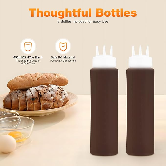 Electric Dual Bottle Sauce Warmer, 320W 110V Cheese & Chocolate Melter with Adjustable Temp 86-185°F, Stainless Steel Commercial Topping Warmer for Nacho, Caramel, Fudge with Two 650ml PC Bottles