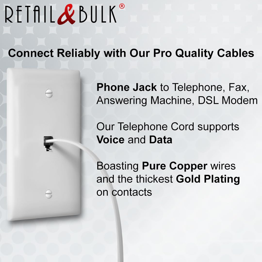 (2 Pack) 12 Inches Short Telephone Cable Rj11 Male To Male Phone Line Cord (1 Foot, White)