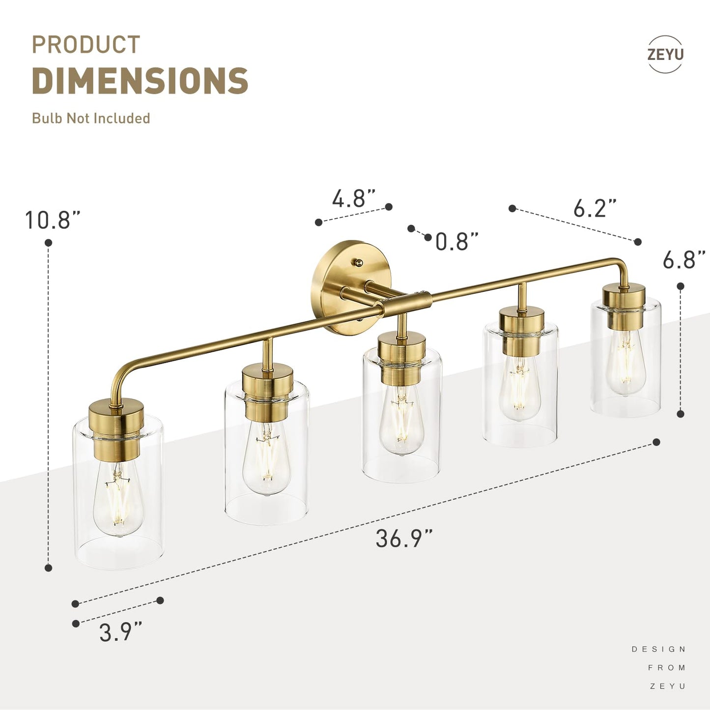Zeyu 5 Light Sconces Wall Lighting  37 Inch Bathroom Vanity Light Fixtures  Brushed Gold Finish  Clear Glass Shade  Zs62B-5W Bg