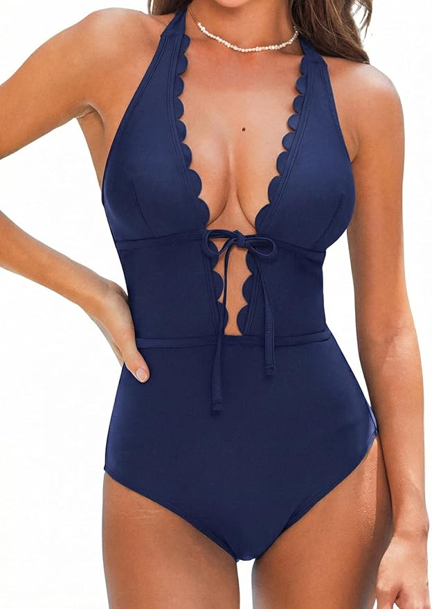 CUPSHE Women's One Piece Swimsuit Bathing Suits Halter Deep V Neck Self Tie Cutout Scalloped Swimwear