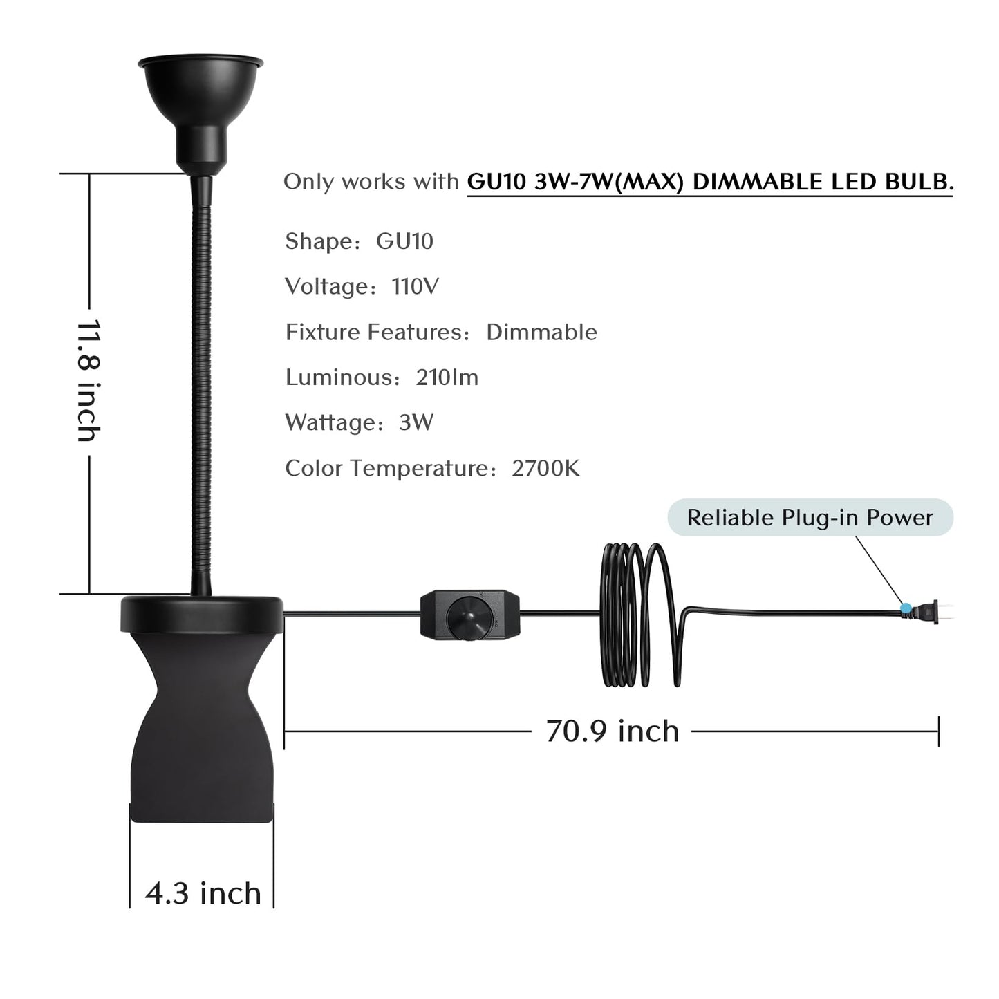 Solfres Innovative Design Headboard Reading Light. No Drilling Golden Book Light For Bedtime Reading. Dimmable Led Book Reading Lamp With Bulb. Movable & Flexible  Black