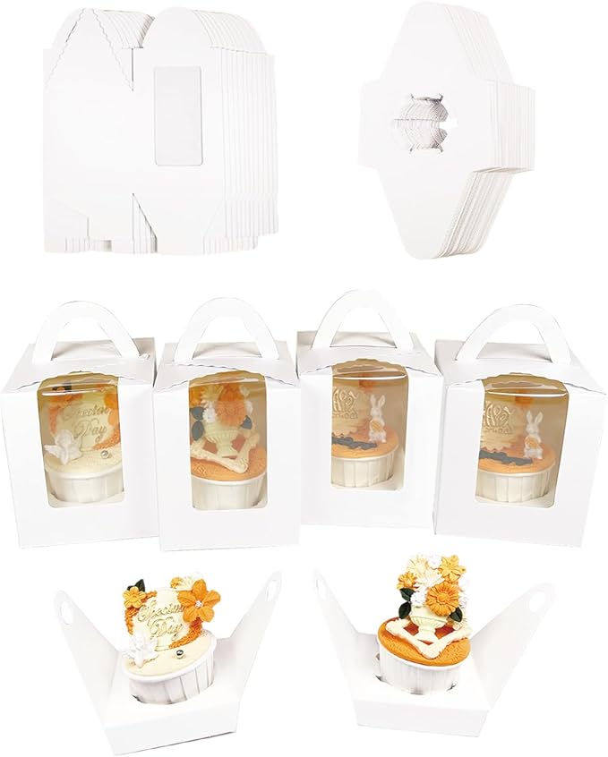 Bakepacker Auto-pop up Individual Cupcake Boxes with Window 25 Count White Single Cupcakes Box 3.7 x 3.7 x 4.3inch Cupcake Carrier