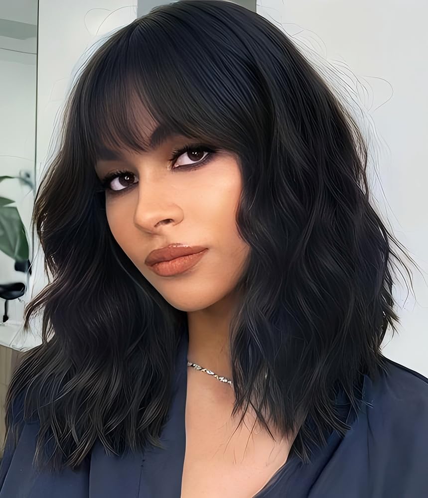 Short Wavy Black Wig with Bangs 14inch Natural Black Wigs for Women Short Curly Bob Wigs Synthetic Natural Looking Hair Replacem