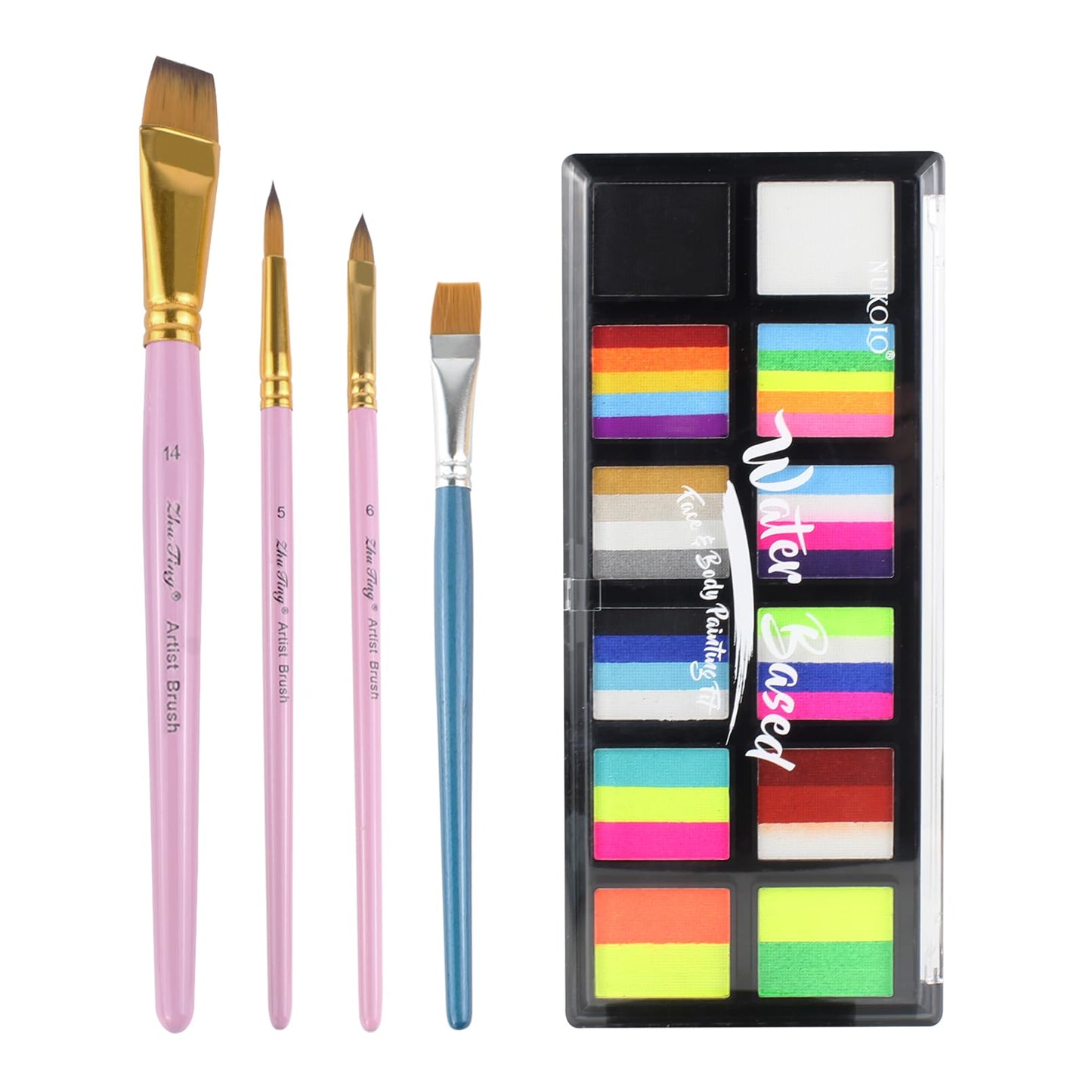 Face Paint Kit for Kids & Adults - 12 Color Rainbow Split Cake Face Painting Kit with 4 Brushes, Water Activated Face Paint Pale