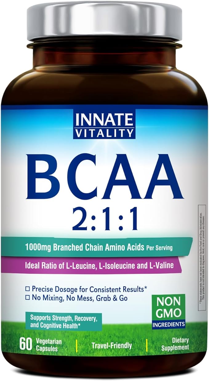 Innate Vitality BCAA Capsules, for Men & Women, 2:1:1 Branched Chain Amino Acids, L-Leucine, L-Isoleucine, L-Valine, No Mi...