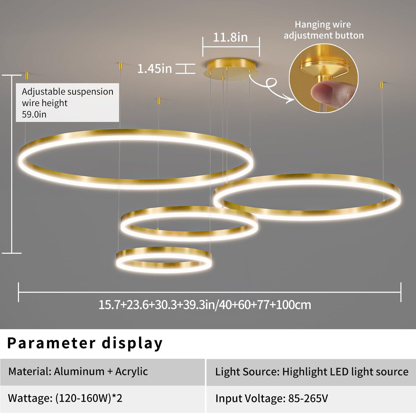 Matven Modern Dimmable Chandelier Light, Remote Control, 3 Color Modes, 39.3in, Gold, Acrylic, Model KD-YX