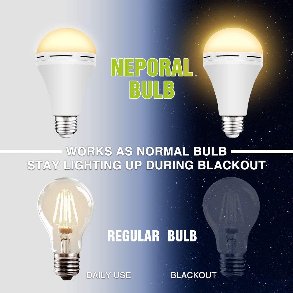 Neporal Emergency Rechargeable Light Bulb, 15W (80W Equivalent), Soft Warm, 1 Count, Aluminum Oxide, Model QP-15w