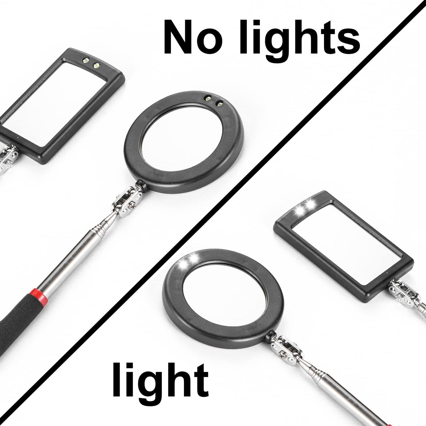 KABUDA 4PCS Telescoping Inspection Mirror LED Lighted Inspection Mirror for Mechanic Checking Vehicle, Car, Eyelashes, Mouth, Small Parts Observation (Extendable, Rectangle & Round)