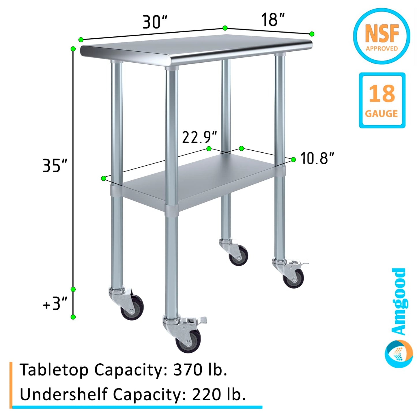 AmGood 18 in. x 30 in. Stainless Steel Work Table with Wheels | Metal Kitchen Food Prep Table | NSF