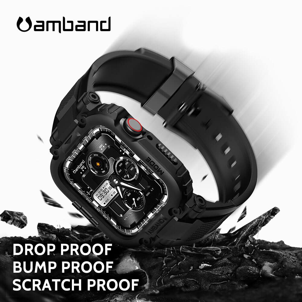 amBand Bands Compatible with Apple Watch 9/8/7/SE (3/2/1)/6/5/4 45mm/44mm Case for Men, M1 Sport Series Rugged Case Protective Cover for iWatch SE3/SE2/6/SE/5/4/3 42/44/45mm Men Black