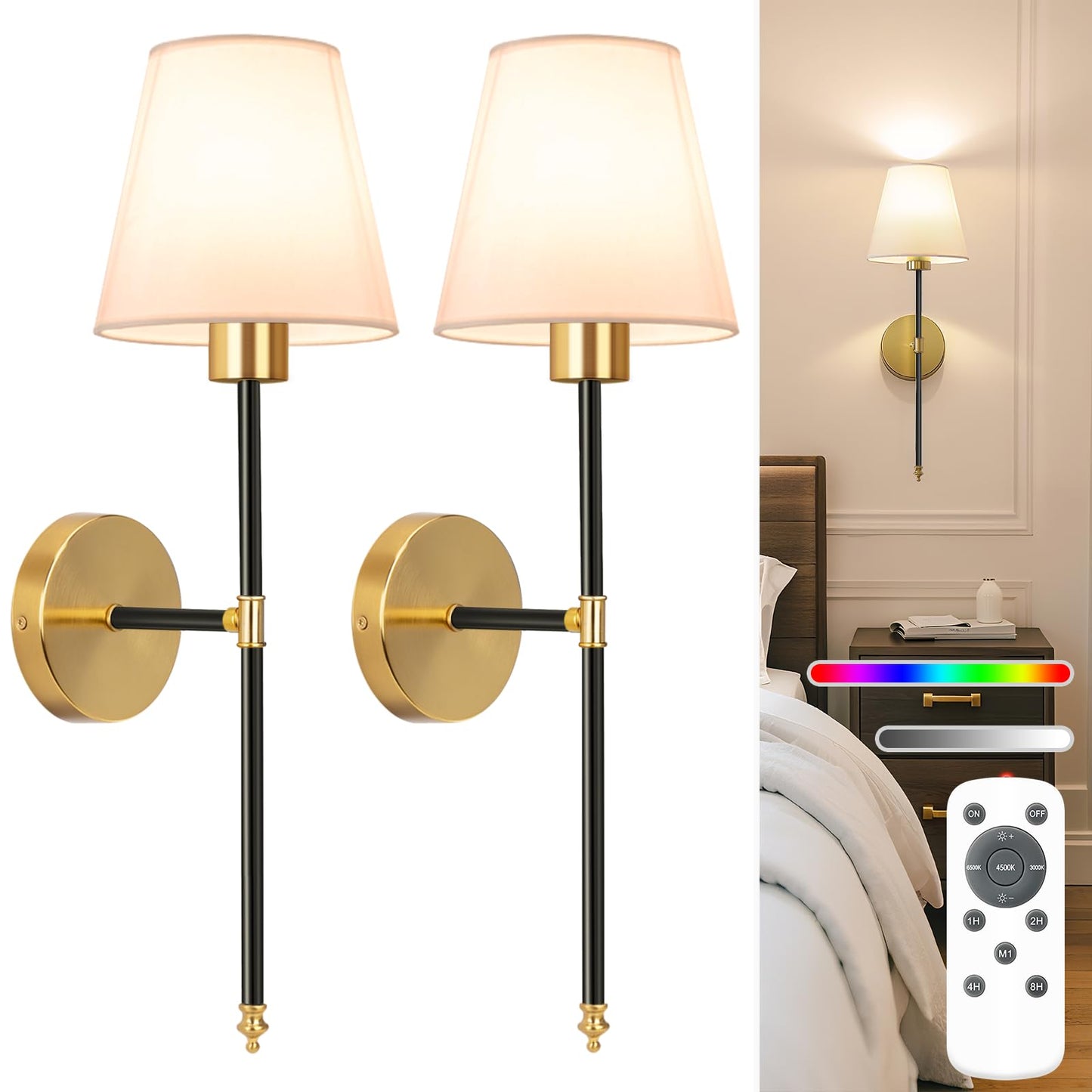 NIORSUN Wall Sconce Set of 2, 19.9 Inch Black-Gold Metal Lights with Dimmable Bulbs, Remote, Rechargeable, Model SW025