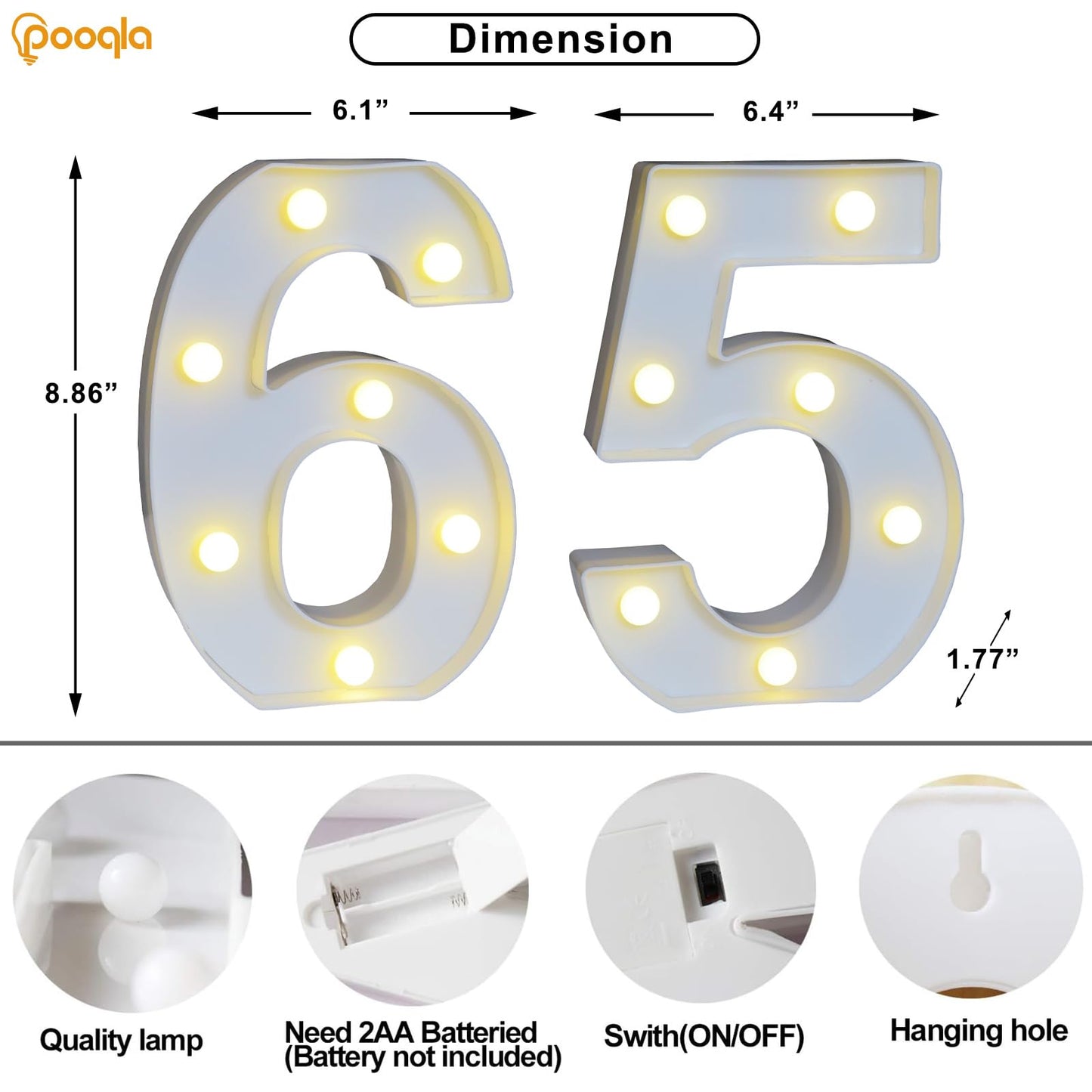 Pooqla LED Number Lights Sign, White Plastic Marquee for 65th Birthday Party, Battery Operated, Number 65