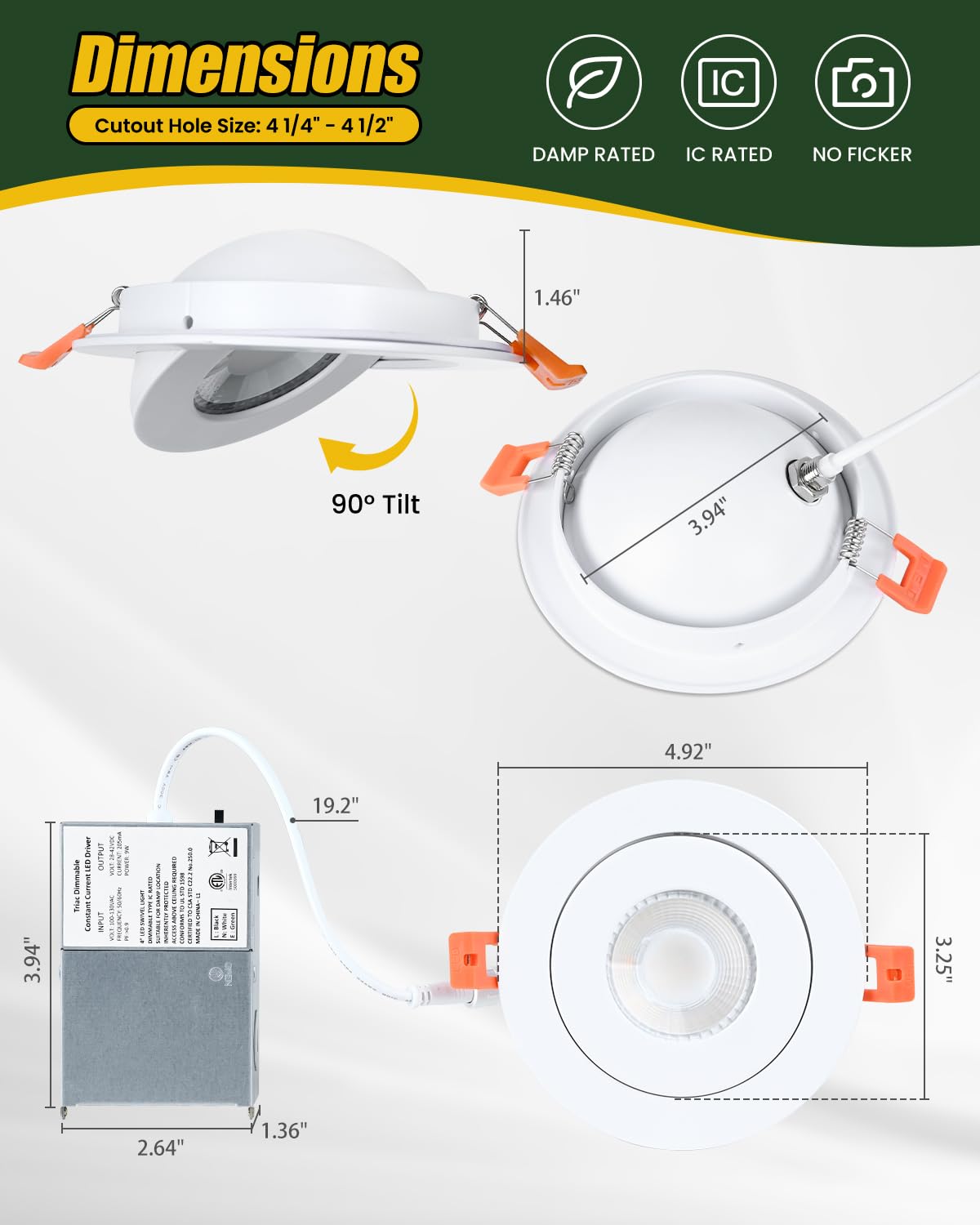 Zyc Black Led Recessed Light: 4 Inch Gimbal Led Recessed Lighting Swivel Downlight 9W 800Lm 360 Rotation Directional Adjustable Eyeball Soffit Light Swivel Ceiling Spotlight Pack Of 10 Black.