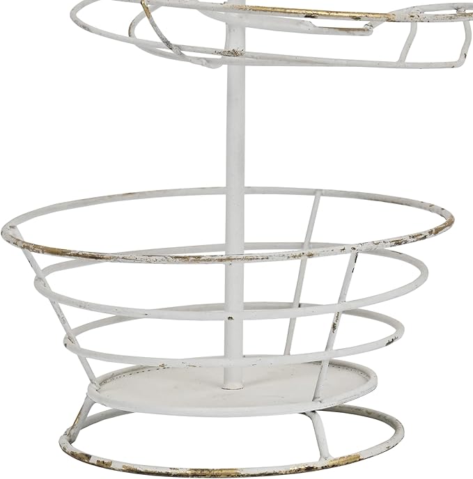 Vintage White Metal Spiral Egg Holder - Farmhouse Distressed Decor Egg Skelter Rack with Rooster Top, Storage Display Rack for Kitchen Countertop Decor (White with Gold)