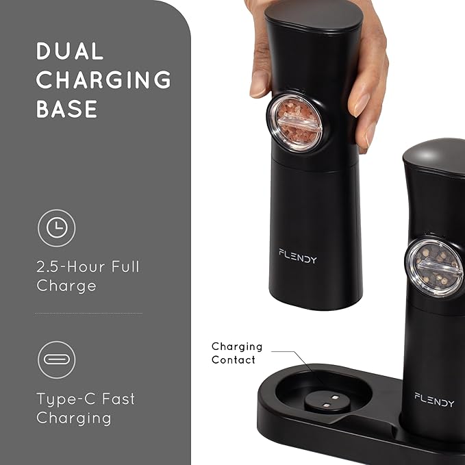 Gravity Electric Salt and Pepper Grinder Set Rechargeable, Automatic Salt and Pepper Grinder Set with USB C Charging Base, Gravity Salt and Pepper Shakers Set Electric
