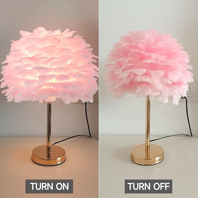 ZYLEIESENBAO Pink Feather Lamp Cute Romantic Goose Feather Table Lamp Furry Nightstand Light with Gold Base Bedside Lamp for Girl Bedroom Wedding Living Room Hotel Decorative