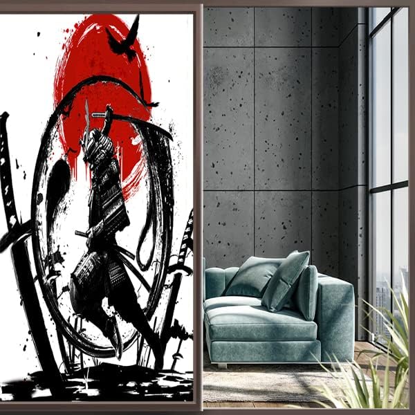 Japanese Samurai Decorative Window Film Watercolor Ink Samurai Sword Red Sun Printdining Room Window Film,Dorm Room Glass Film 23.6Wx35.4L-Inch X1Pcs