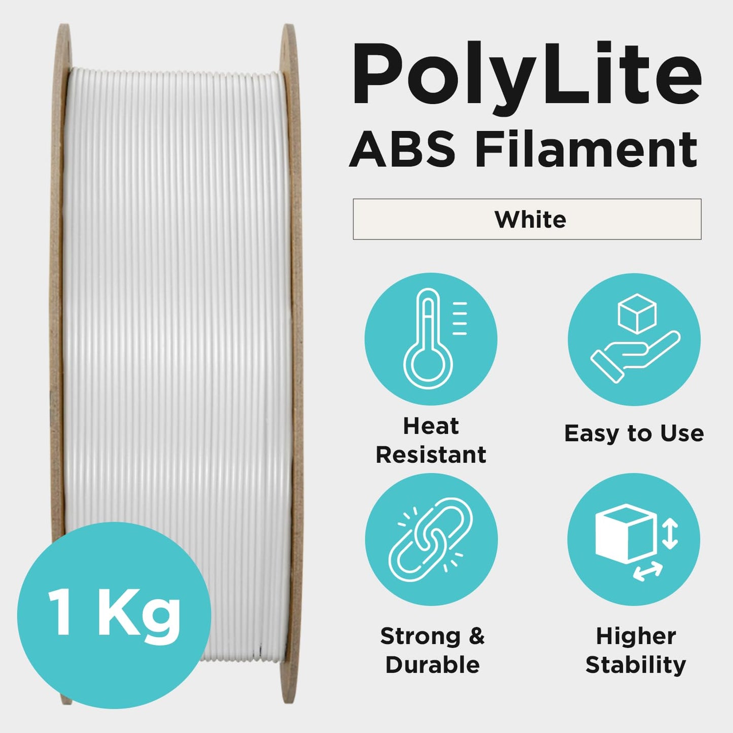 Polymaker ABS Filament 1.75mm White, 3D Printer Filament 1.75mm Heat Resistant 1kg - PolyLite ABS 3D Printing Filament 1.75mm, Strong & Durable, Dimensional Accuracy +/- 0.03mm