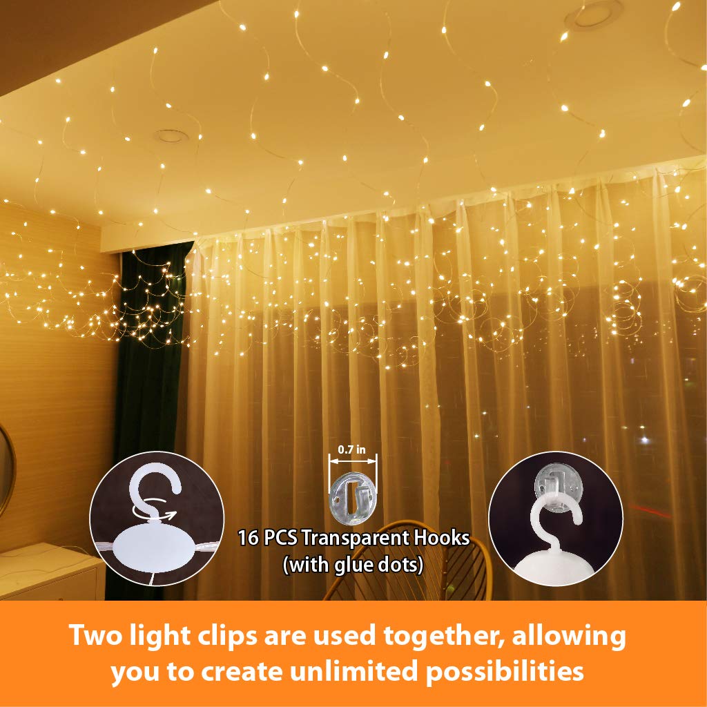 HXWEIYE Curtain Fairy Lights, 300LED Warm White, 9.8x9.8Ft, Copper Wire, Includes Clips & Hooks, Model HY100150-300