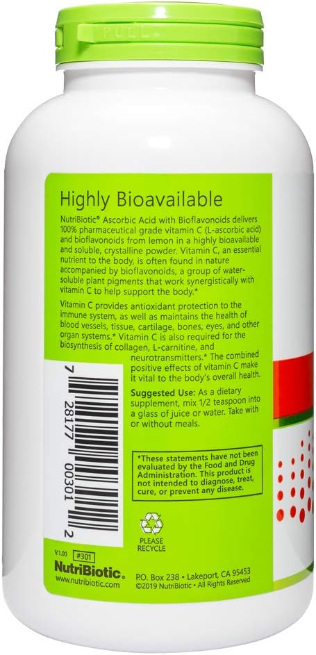 NutriBiotic - Ascorbic Acid with Bioflavonoids Powder, 16 Oz | Highly Soluble Antioxidant & Collagen Support Supplement | 2000 Mg Vitamin C with Lemon Bioflavonoid Complex | Vegan, Gluten & GMO-Free