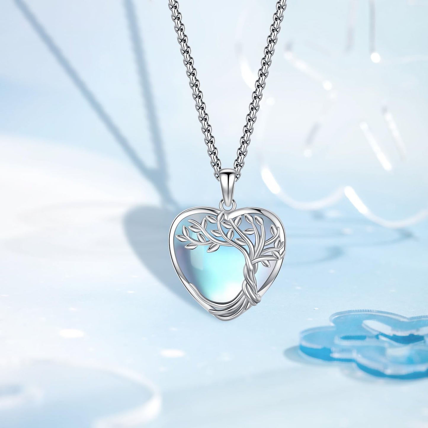 Aniu Tree of Life Necklace for Women Sterling Silver Blue Heart Crystal Celtic Tree Necklace Celtic Family Tree Moonstone Neckla