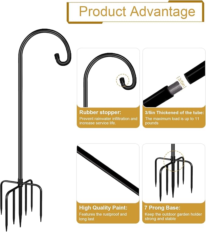 Shepherd Hook 108 Inch Tall Heavy-Duty Metal Garden Hanging Pole Stake for Bird Feeder Pole Plant Baskets, Black (1 Pack)