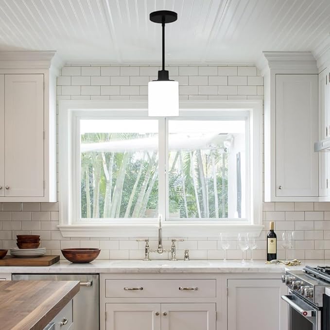 Black Pendant Lights Kitchen Island - Milk Glass Pendant Light Fixture Multiple Stems Rods 3 Units 12 Inch 3 Units 4 Inch (2 Pack Black Downrod)