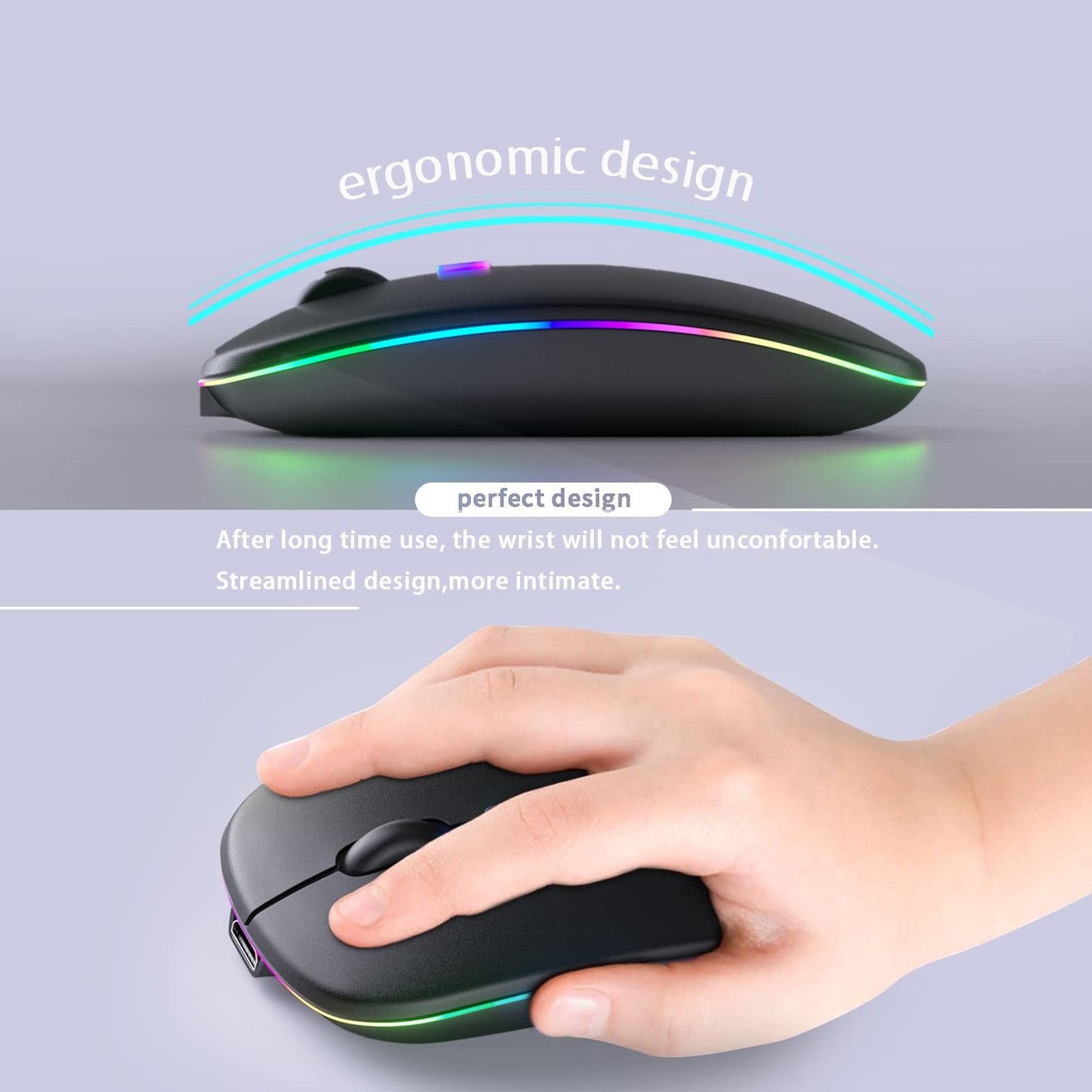 KANMABPC Wireless Bluetooth Mouse – Rechargeable, Silent, Dual Mode (Bluetooth 5.2 & USB) with LED Lights – Portable for Laptop, Desktop, & Tablet(Black)