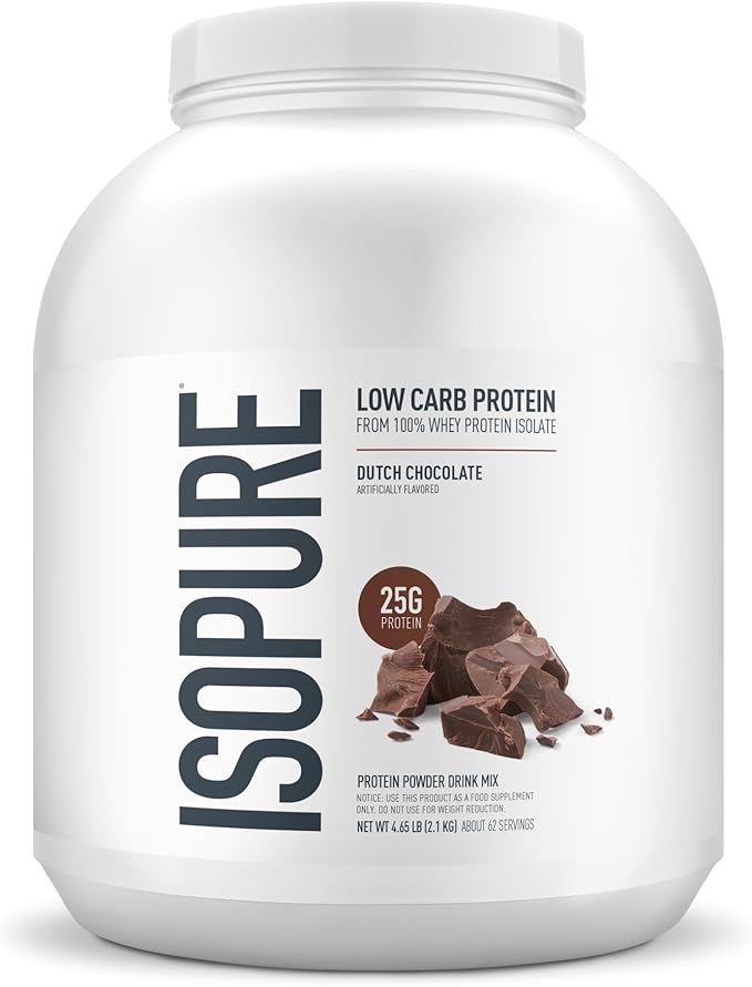 Isopure Low Carb 100% Pure Whey Isolate Protein Powder, Lactose Free, Gluten Free, With Vitamins, Dutch Chocolate, 25g Protein Per Serving, 4.5 Lbs, 62 Servings (Packaging May Vary)