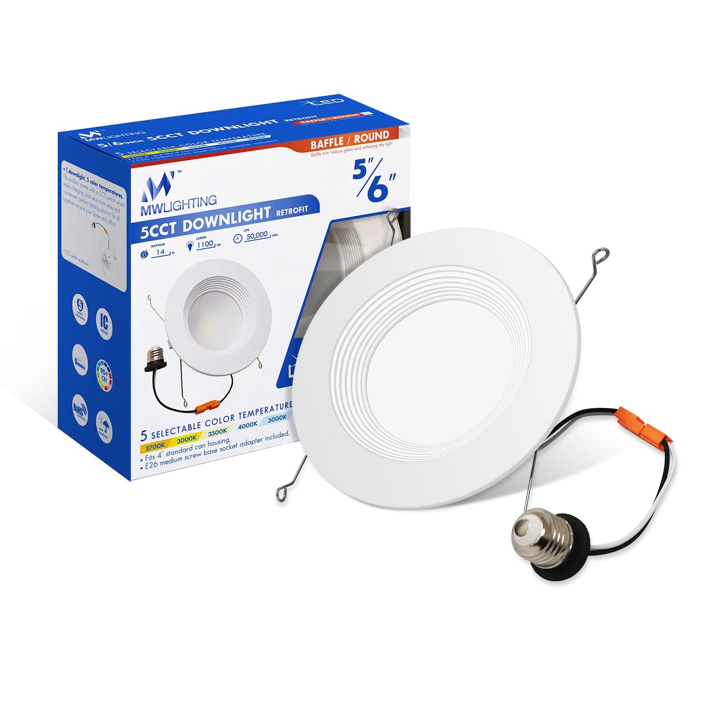 Mw Led Can Lights 2700K/3000K/3500K/4000K/5000K  5Cct Led Recessed Lighting  Ic & Wet Rated  Energy Star  Etl And California Ja8 Certified (1  6 Inch-Baffle Trim)