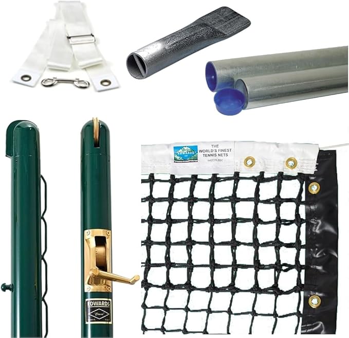 Edwards Classic Tennis Posts – Permanent Court Kit – 2 7/8” OD, Round, Internal Wind, Green – Optional Ground Sleeves