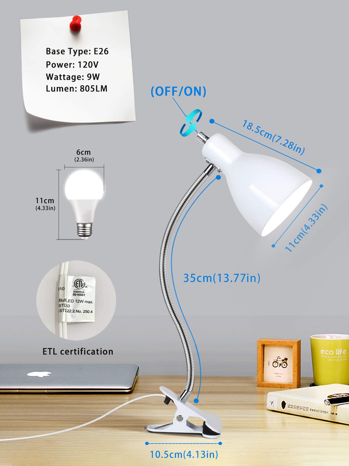 Lalisu Desk Lamp - Eye-Caring Portable Gooseneck Clip Light, White, Model Lalitb004