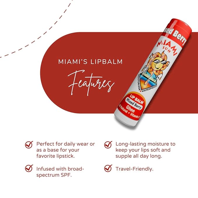 Miami Sun Natural Ghee Lip Balm, Hydrating Lip Treatment with Shea Butter & Beeswax, Organic & Non-Toxic, Best for Dry, Chapped Lips - Moisturizing, Healing, Chemical-Free Care (1 Count, Mixed Berry)