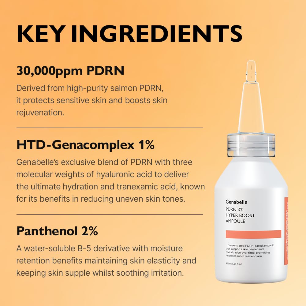 Genabelle PDRN 3% Hyper Boost Ampoule - Advanced Skin Support Serum with PDRN, Niacinamide, Hyaluronic Acid, Peptides, and Cente