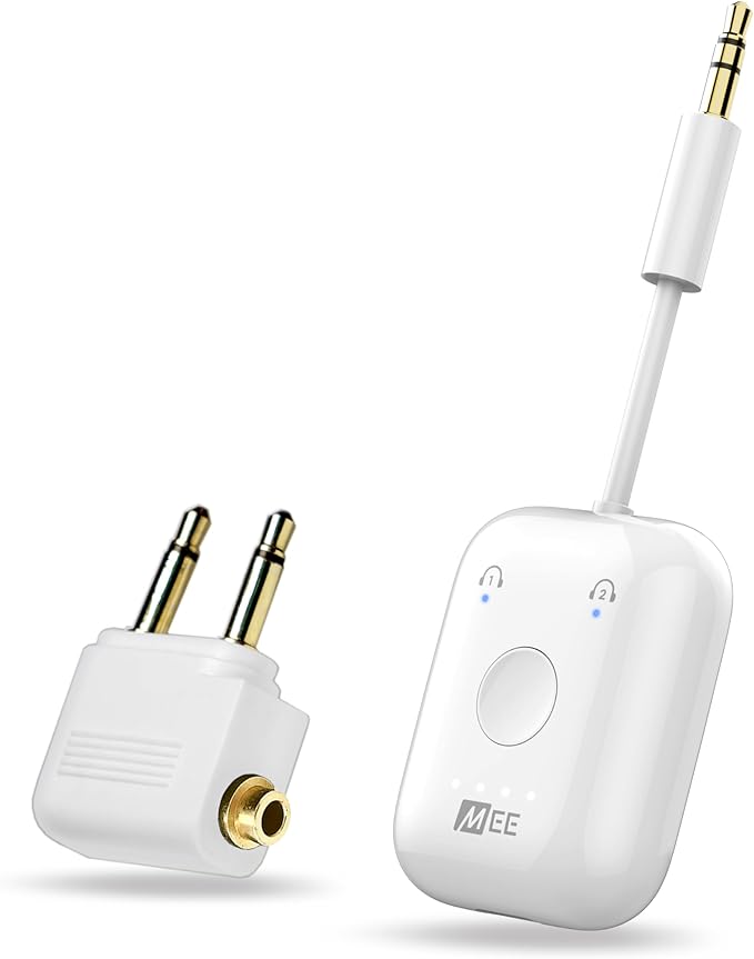 MEE Audio Connect Air in-Flight Bluetooth Wireless Audio Transmitter, with Extra Dual 3.5mm Jack AUX Adapter, for up to 2 AirPods/Other Headphones; Works with All 3.5mm Aux Jacks, White