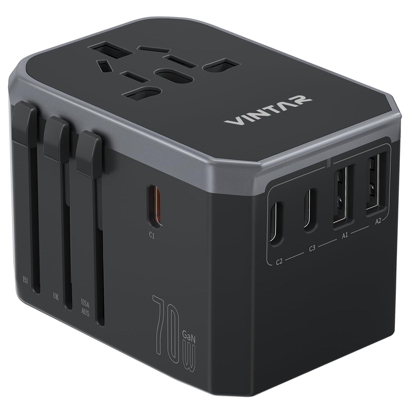 Universal Travel Adapter, Vintar 70W Gan International Power Adapter With 5 Usb Ports (3 Usb-C), Worldwide Travel Plug Adaptor,
